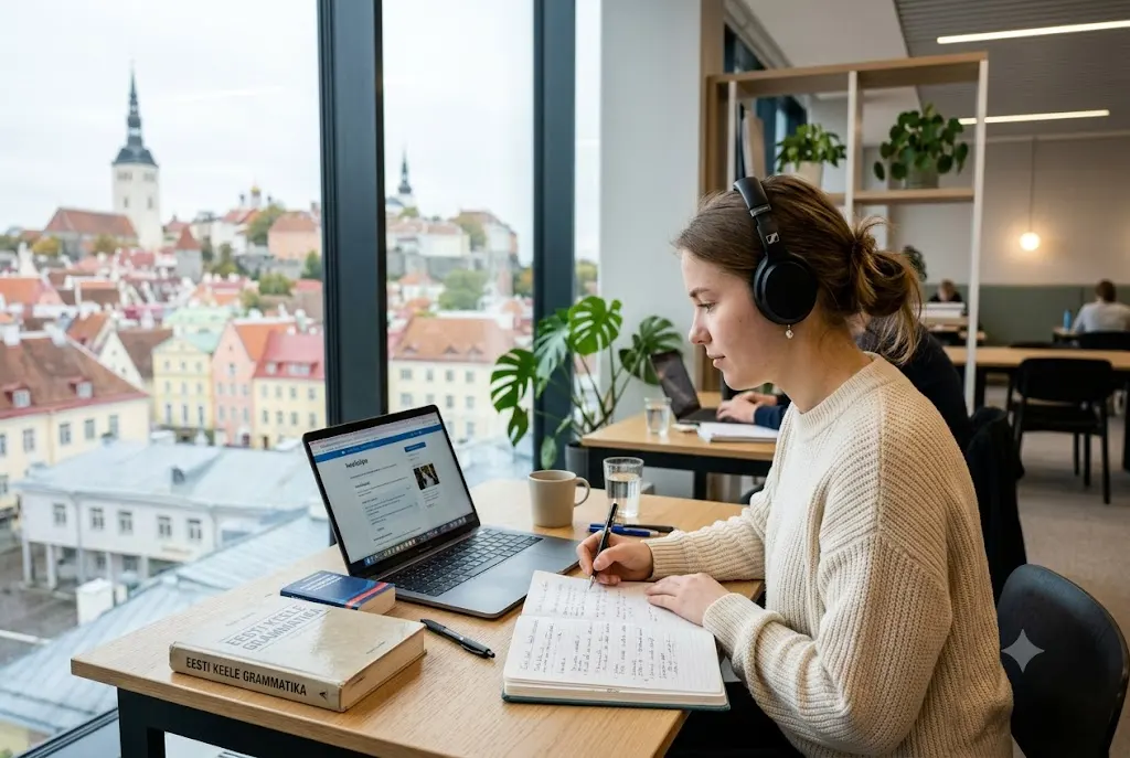 Student using digital and printed resources to learn Estonian language