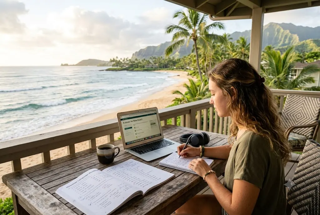 Student using online lessons and books to learn Hawaiian language
