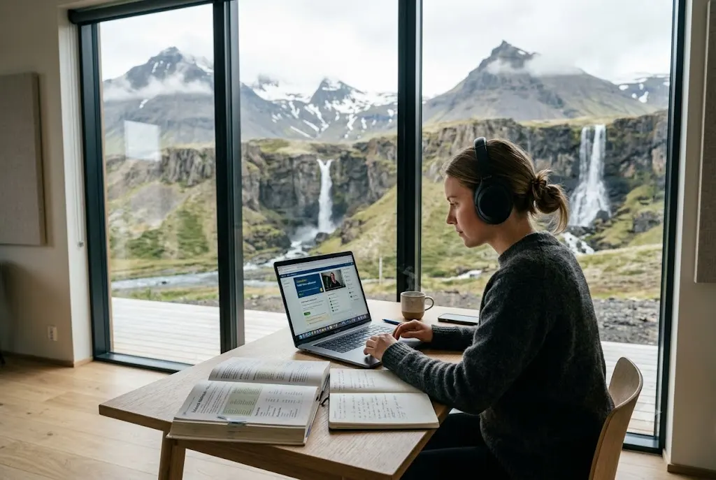 Student using books and online resources to learn Icelandic language