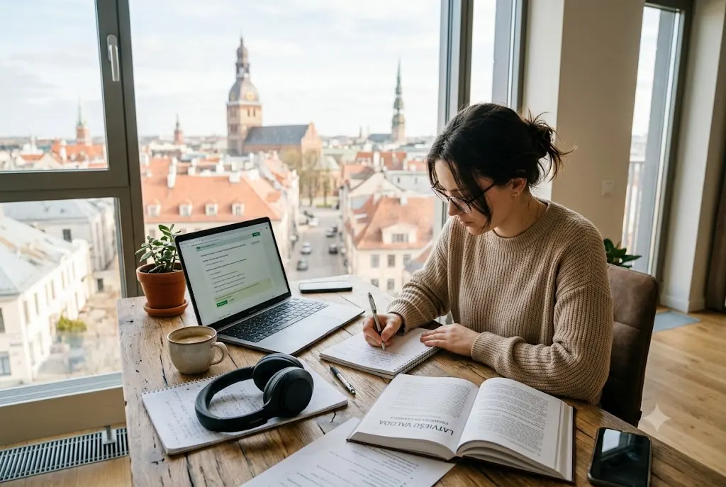 Student using books and online lessons to learn Latvian language