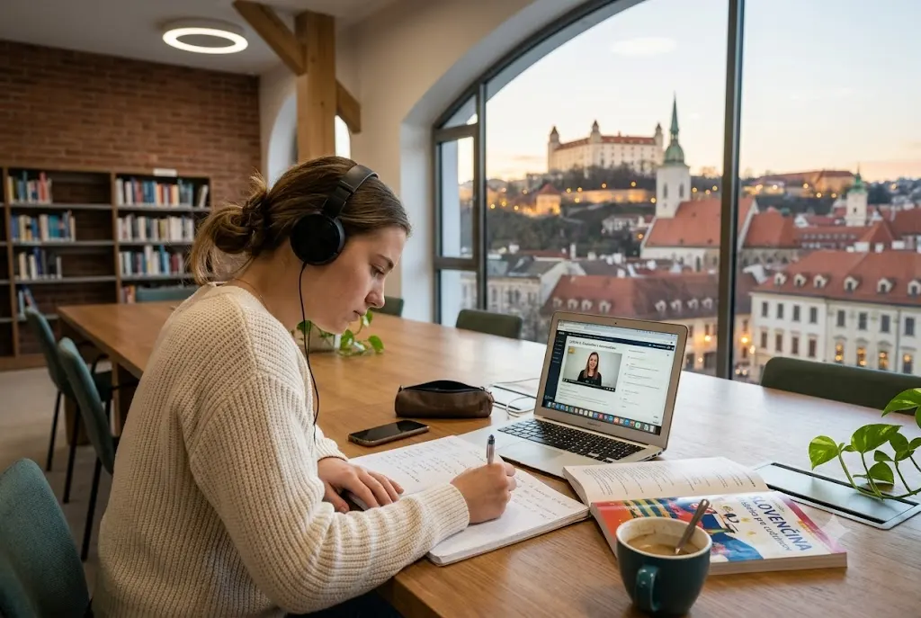 Student using books and online resources to learn Slovak language